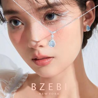 BZEBI สร้อยคอเงิน เงินพร้อมจี้ แฟชั่น หยดน้ำตา พลอยสีฟ้า เครื่องประดับ สำหรับผู้หญิง 1155n