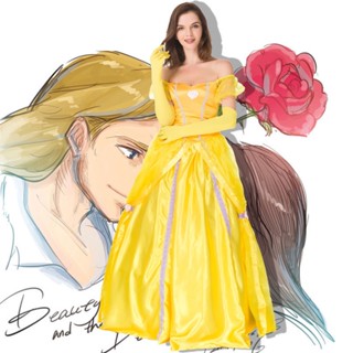 ✒✽▼Disney Beauty and the Beast Belle Princess Dress Halloween Masquerade Costume Party Dress. เดรส