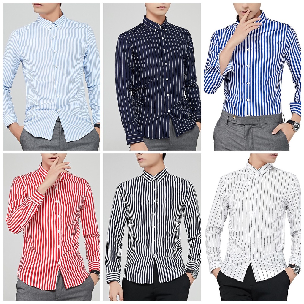 เสื้อเชิ้ตแขนยาวลําลอง ลายทาง แฟชั่นสไตล์เกาหลี สําหรับผู้ชาย ไซซ์ M - 4XL