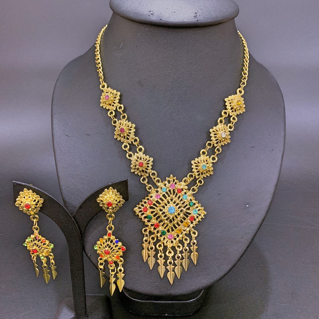 ใส่ Thai jewelry set dance show wedding bride dress earring clip diamond silver gold necklace sets รูปที่ 7