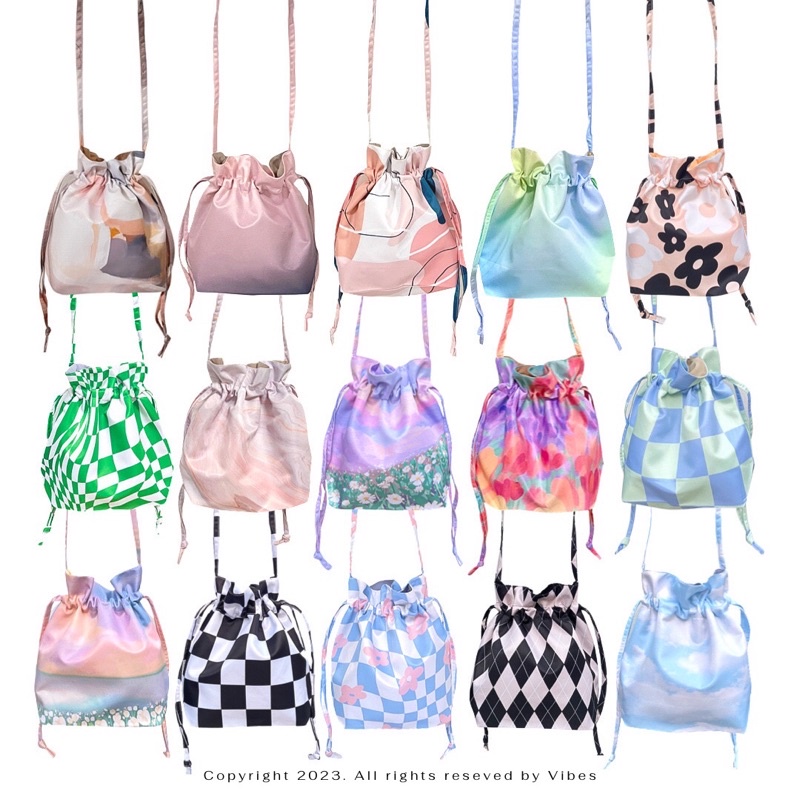 vibes.brandd☁️ Bucket Bag Small size ☁️ กระเป๋าผ้าสะพายข้าง มีเชือกรูด