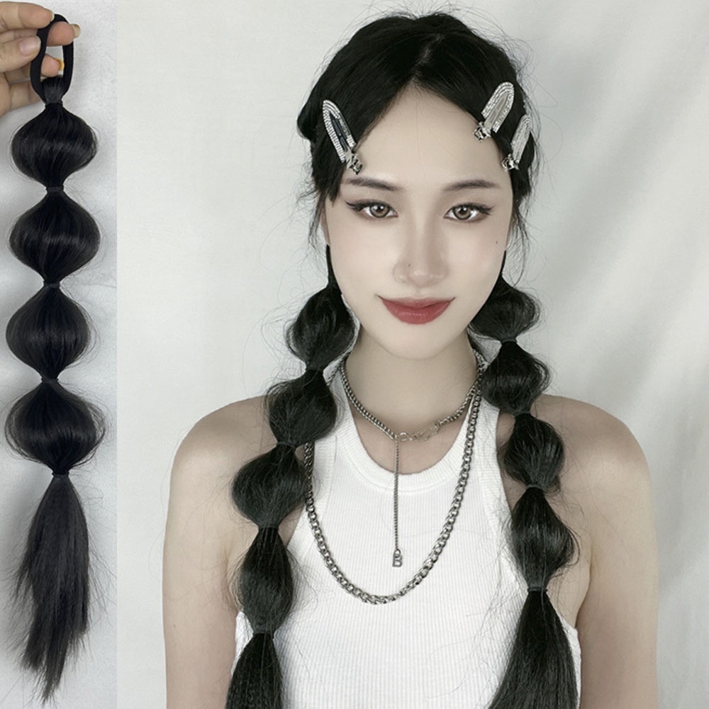 2 ชิ้น / เซต สังเคราะห์ ฟอง บิดหางม้า วิกผม ยืดหยุ่นสูง ผู้หญิง ผม ด้านข้าง โคมไฟธรรมชาติ วิกผมถักเปีย ผมหางม้า สีดํา