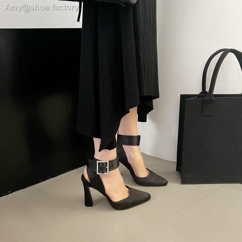 พร้อมส่ง 🍑34-42 เครื่องปั๊มสีดำสไตล์ฝรั่งเศส, ผ้าซาติน, สีพื้น, ส้นสูงพิเศษ, หัวแหลม, สายคาด, คัทเอาท์, สง่างาม, ปาร์ตี - รูปที่ 2