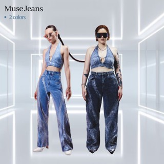 Merge Official - Muse Jeans 2 Colors (พร้อมส่ง) กางเกงยีนส์ ทรงกระบอกตรง เอวสูง ปักเลื่อมเพชร