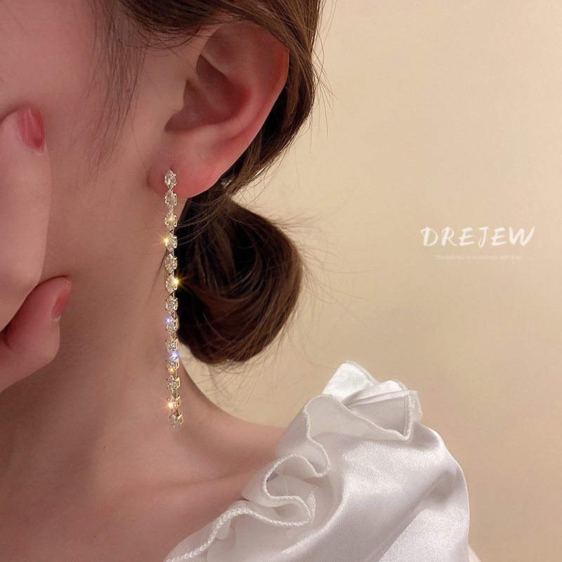 Drejew ต่างหูเข็มเงิน 925 ประดับเพทายยาว แฟชั่นสไตล์เกาหลี สําหรับผู้หญิง