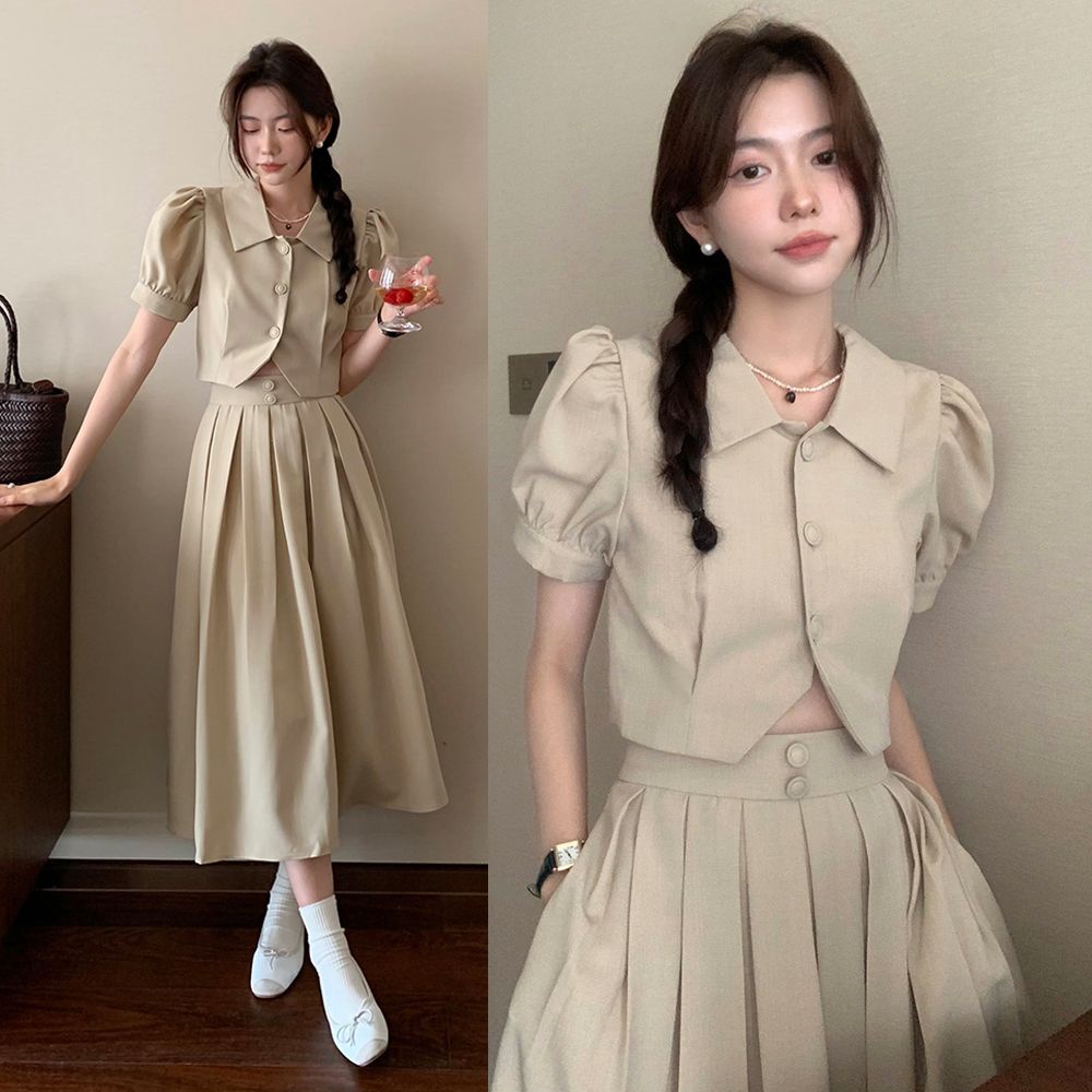 【เซต2ชิ้น】ชุดเซตสไตล์เกาหลี เสื้อแขนพอง+กระโปรงยาว, เสื้อครอป, ชุดเซ็ต, มี2สี S-XL