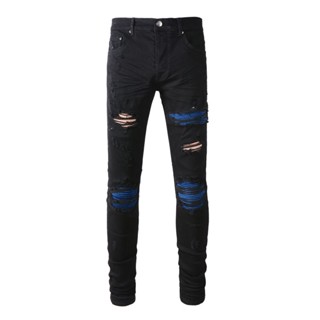 TRENDAMIRI New European and American Street Fashion Men Jeans Black Slim Fit Blue Patch Button Style # High Street Jeans