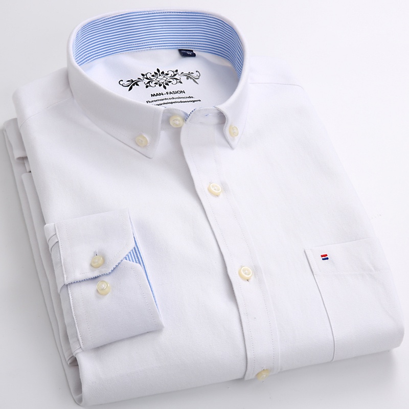 เสื้อเชิ้ตแขนยาวลําลอง ผ้าออกซ์ฟอร์ด เข้ารูป สีขาว สําหรับผู้ชาย