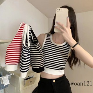 สาวร้อน Striped Camisole ผู้หญิงด้านนอกสวมใส่ความงามกลับบางตัดหน้าอกแขนกุดท็อปส์ซูกับแผ่นหน้าอก