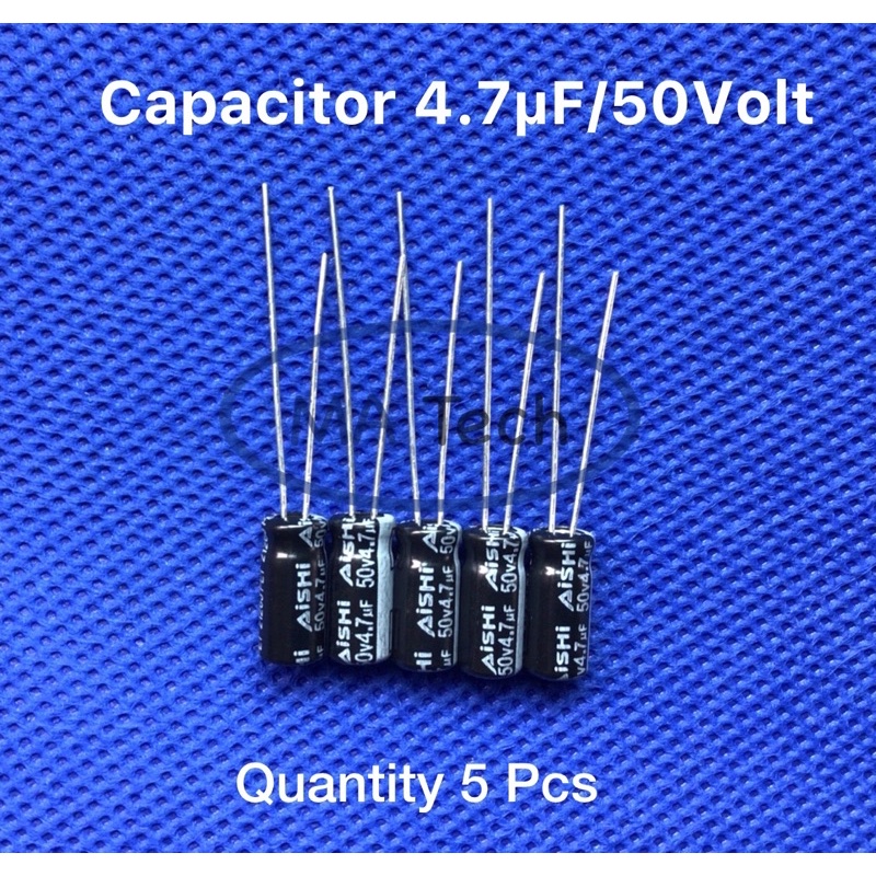 4.7uf 50v คาปาซิเตอร์ 4.7uf 50v Capacitor 50v4.7uf ขนาด 5.0x11.0mm(ขนาดจิ๋ว) 1 ชุด มีจำนวน 5 ชิ้น(ตั