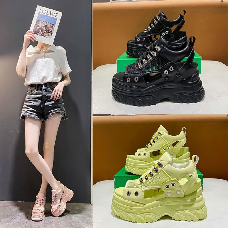 (พร้อมส่ง เหลือง 36=1) พรีออเดอร์รองเท้าแตะส้นสูง 9 cm แบบผูกเชือก (7658)