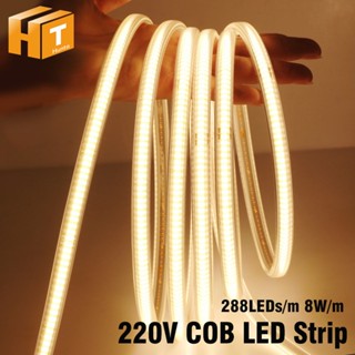 แถบไฟ LED 288 ดวง COB 220V 8W/m พร้อมปลั๊ก EU และสวิตช์ไฟ LED กันน้ํา ยืดหยุ่น สําหรับกลางแจ้ง