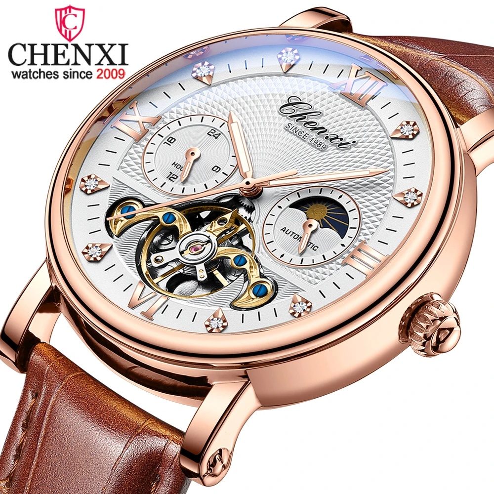 นาฬิกาผู้ชาย CHENXI Cool Trend Moon Phase Luminous นาฬิกากลไกอัตโนมัติหนัง Tourbillon นาฬิกาข้อมือสําหรับชาย