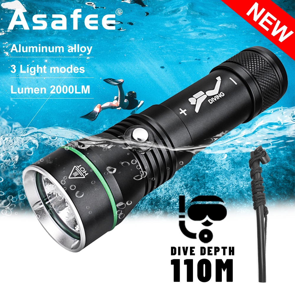 Asafee 2000LM S3 XHP50 LED ไฟฉายดําน้ําแสงสว่างเป็นพิเศษใช้แบตเตอรี่ 18650/26650 สามเกียร์ปุ่มสวิทช์ใต้น้ํา 110M IPX8 กันน้ํา