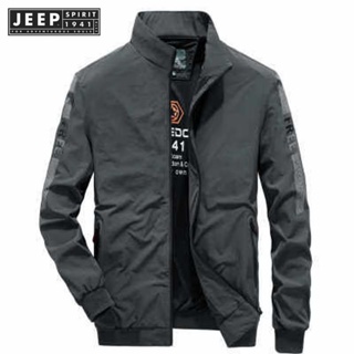 JEEP SPIRIT 1941 ESTD เสื้อแจ็กเก็ตเบสบอลลําลอง คอปกตั้ง สีพื้น แฟชั่นฤดูใบไม้ร่วง ฤดูหนาว สไตล์นักธุรกิจ สําหรับผู้ชาย 5XL