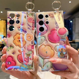บลูเรย์ พลอยเทียม ดอกทิวลิป ดอกไม้ สายรัดข้อมือ เคส Samsung Galaxy S23 Ultra S23 Plus + Case ใหม่ 3D สามมิติ ป้องกันการตก TPU นุ่ม เคส