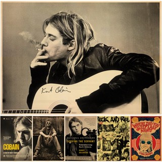 โปสเตอร์กระดาษคราฟท์ ลายนักร้อง Kurt Cobain Rock and Roll Music สไตล์วินเทจ สําหรับตกแต่งผนังบ้าน บาร์ คาเฟ่ DIY