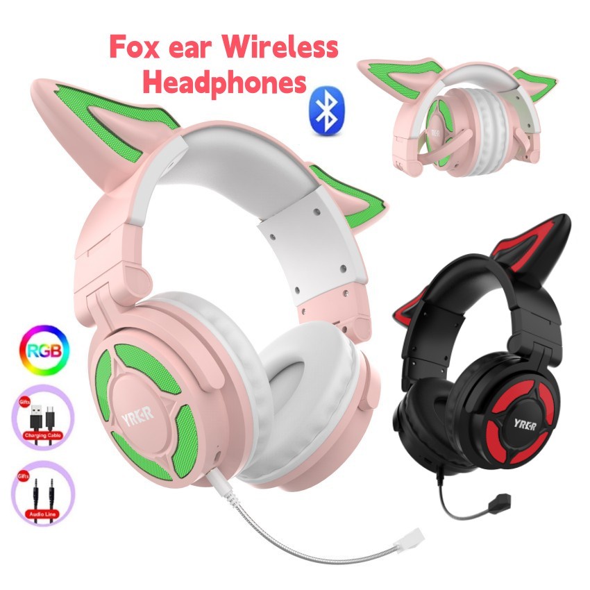 น่ารัก Fox ear หูฟังสเตอริโอไฮไฟไร้สาย RGB ชุดหูฟังสําหรับเล่นเกมบลูทูธ PK Cat หูฟังพร้อมไมโครโฟนตัด