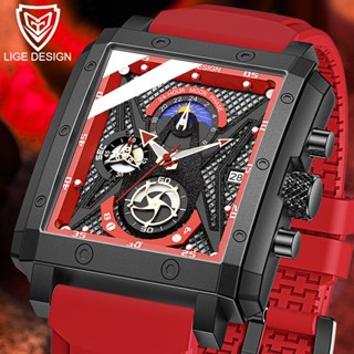 LIGE นาฬิกาผู้ชายซิลิโคนควอตซ์กันน้ำ Chronograph กีฬานาฬิกา + LIGE Original Box