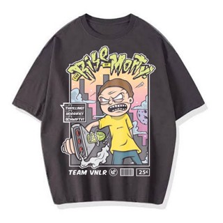 เสื้อยืดผ้าฝ้ายพิมพ์ลายเสื้อยืดแขนสั้น พิมพ์ลาย RISE THE MORTY VINTAGE โอเวอร์ไซซ์ สีเทาเข้ม