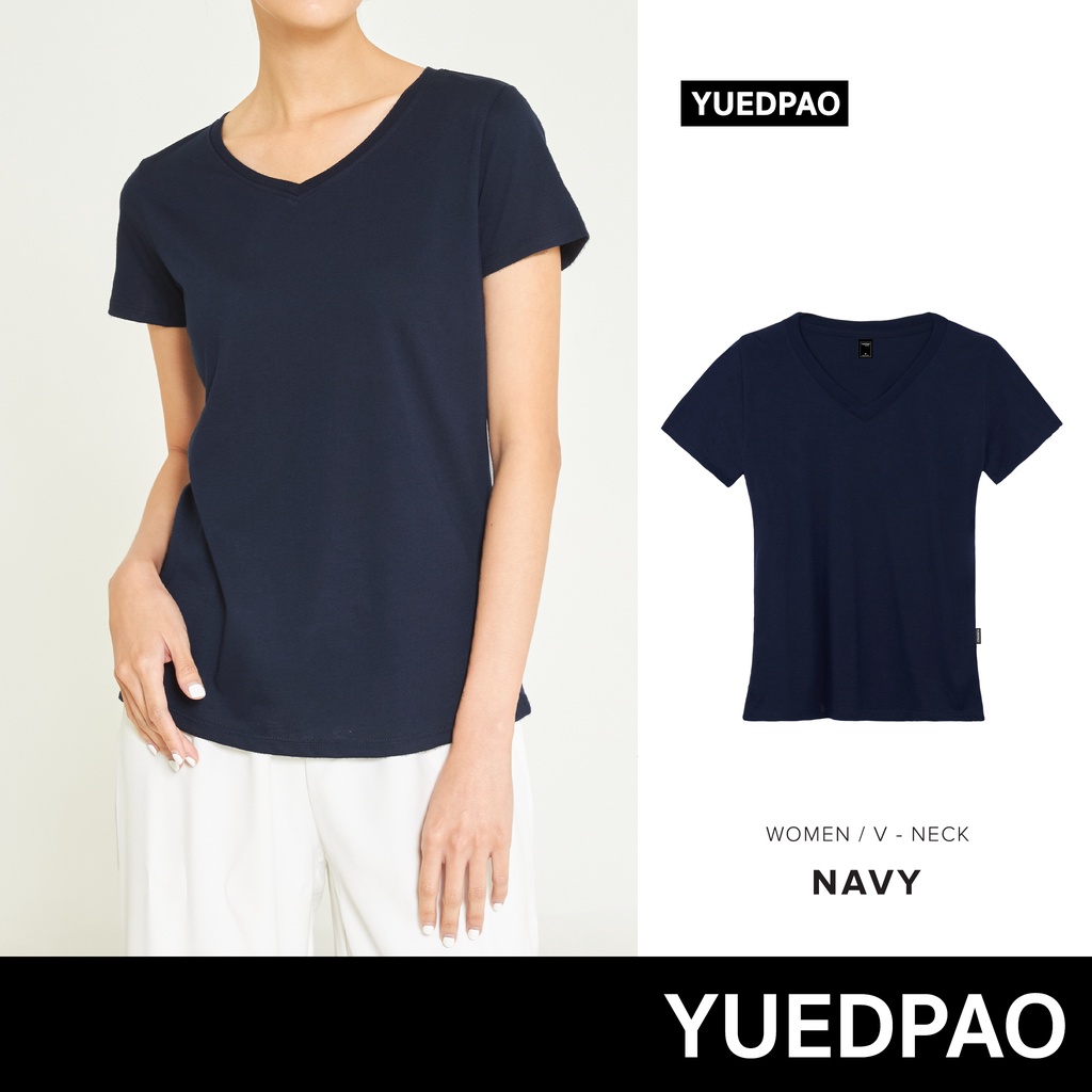 Yuedpao No.1 เสื้อยืดผู้หญิง ไม่ย้วย ไม่หด ไม่ต้องรีด ผ้านุ่มใส่สบาย Ultrasoft Non-Iron เสื้อยืดคอวีผู้หญิง สีกรมท่า