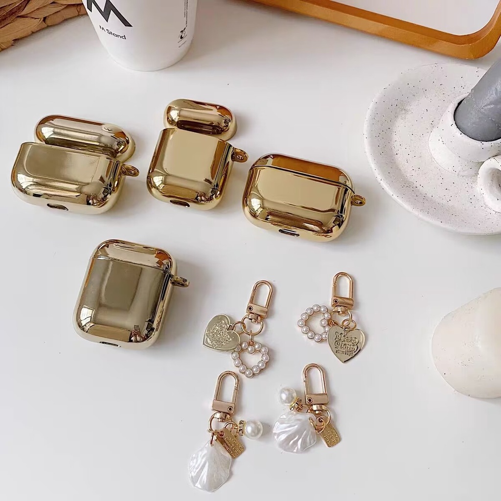 แฟชั่น เคสสีทองสําหรับ airpods pro 2nd gen 1 2 3 pro cover พร้อมพวงกุญแจ