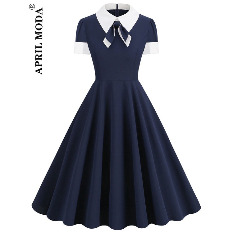 1950's ชุดเดรสลําลอง ทรงเอ สีกรมท่า สไตล์วินเทจย้อนยุค 60s 50s สําหรับปาร์ตี้ค็อกเทล