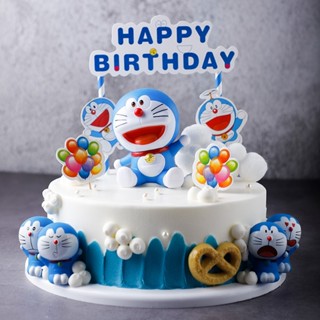 หุ่นยนต์แมวอ้วน Blue Cat  สีฟ้า Happy birthday สําหรับตกแต่งเค้กวันเกิด