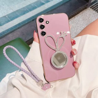 เคส Samsung A24 A54 A34 5G A14 5G A33 A23 A04S A53 5G A52S A12 A13 A42 A73 5G เคสโทรศัพท์มือถือ ลายมงกุฎ หูกระต่าย พร้อมกระจกแต่งหน้า และสายคล้อง หรูหรา สําหรับ