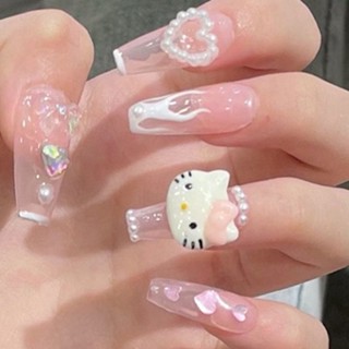 เล็บปลอม ลาย Hello Kitty พร้อมกาว สําหรับตกแต่งเล็บ 24 ชิ้น