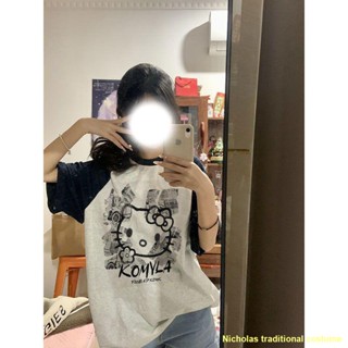 พร้อมส่ง💖ใหม่หวานเย็นสูงถนนแขนสั้นเสื้อยืดหลวมการ์ตูน Kit Cat พิมพ์ด้านบนทั้งหมด