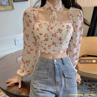 พร้อมส่ง💖เสื้อเชิ้ตผู้หญิง ใหม่ เชือกแขวนคอ เอว ครอป สะดือ แขนสั้น เสื้อเชิ้ตผ้าชีฟอง