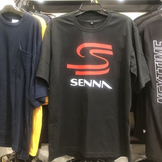 เสื้อยืดสีดำ เสื้อยืดผู้ชาย เสื้อแขนสั้น เสื้อยืด ลายโลโก้ Legend AYRTON SENNA F-1 เสื้อยืดไม่ต้องรีด