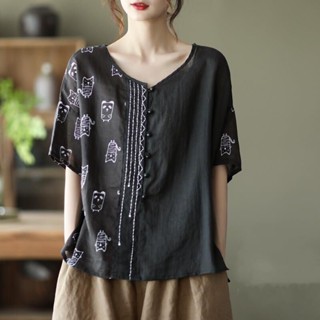 ◊▨☾Retro Mori Cotton Linen Top Women s Summer 2021 New Loose All-match Asymmetrical Cartoon Print Short-Sleeve T-Shirt