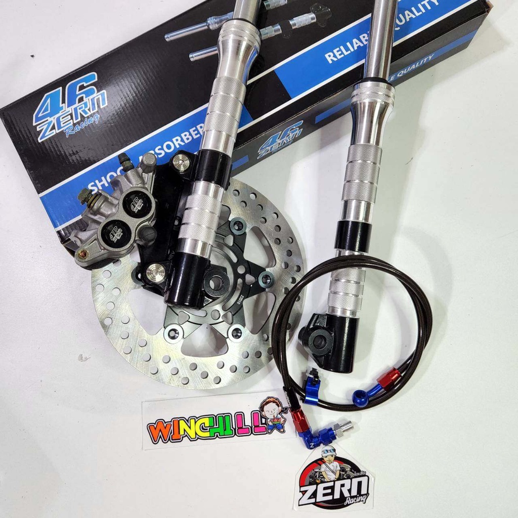 กระบอกโช๊คกลึง กัดลายสีดำ + แกนโช้คตัด 2.5นิ้ว + ปั๊ม2PORT ZERN46 สีดำ + น็อตเลส 2 ตัว + จานCNC ลายดาวดำหมุดเทา + สายเบ