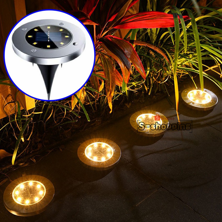 SALEมีตำหนิ--ไฟสีส้ม Solar Garden Light 8LED โคมไฟตกแต่งสนามหญ้า ฝังพื้นโซล่าเซลล์