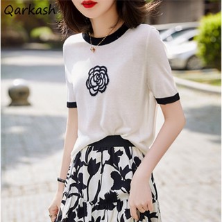 เสื้อยืดแขนสั้น ผ้าถัก ปักลายดอกไม้ แฟชั่นฤดูร้อน สไตล์เกาหลี สําหรับผู้หญิง
