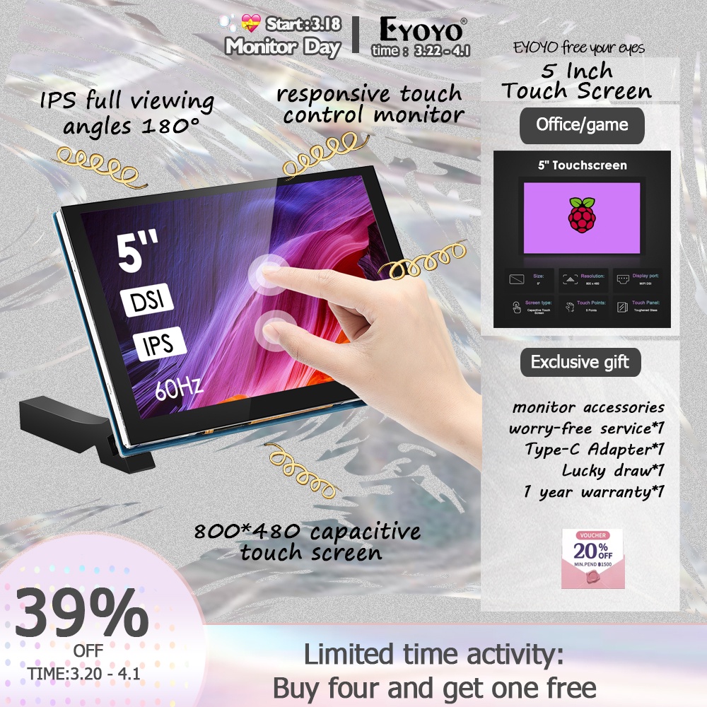【👍👍👍Seller recommend & fast delivery】Eyoyo Raspberry Pi 4B 3B+ 3B 3A+ 2B B+ หน้าจอสัมผัส 5 นิ้ว 800x480 IPS หน้าจอสัมผัสสี DSI สําหรับโทรศัพท์ PC