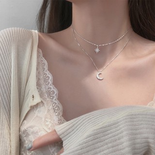 Korean version of ins star moon double layer necklace womens silver temperament star moon collar chain casual luxury jewelry gift