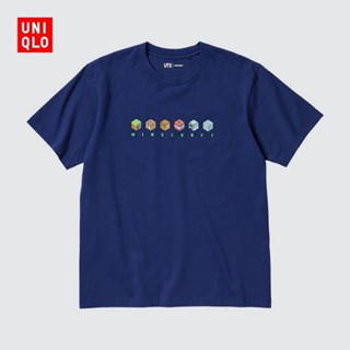 ผ้าฝ้ายแท้Uniqlo UT เสื้อยืดแขนสั้น พิมพ์ลาย Minecraft สําหรับผู้ชาย และผู้หญิง 455830S-5XL