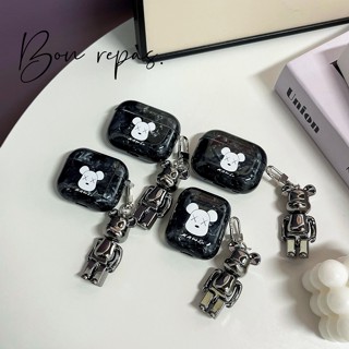 เคสหูฟัง ลายหมี ประดับกลิตเตอร์ สีดํา สําหรับ airpods 1 2 3 pro gen 2 case พร้อมพวงกุญแจ bearbrick