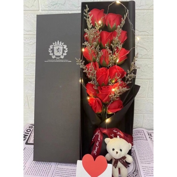 ของขวัญวันวาเลนไทน์ดอกไม้สบู่,กุหลาบสบู่ มีตุ๊กตาหมีและไฟLED, มีการ์ดพร้อมกล่อง,ของขวัญsize:48x8x15