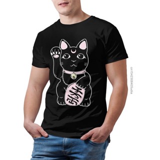 เสื้อยืดถูกๆ Maneki Neko Lucky Cat Tshirts ลัคกี้แมวเสื้อยืดสีดําตลกกราฟิกทีเสื้อเชิ้ตผู้ชายโอเวอร์ไซส์เสื้อยืดลําลอง