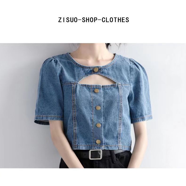 💖เสื้อเชิ้ตยีนส์ เสื้อเชิ้ตยีนส์แขนสั้น สไตล์หวาน แจ็คเก็ตยีนส์ผู้หญิงแขนสั้น - รูปที่ 4