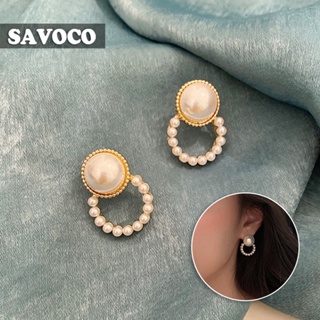 SAVOCO Jewelry Vintage 925 Silver Pearl Circle Stud Earrings Personality Rhinestone Drop Earrings Accessories Women Fashion SE083