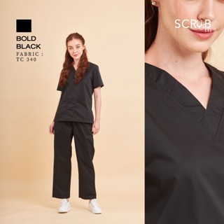 Scrub in | ชุดสครับคอวีพร้อมส่ง unisex สี Bold Black (มีบริการปักชื่อ) ผ้า TC340