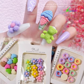 【Ag】เครื่องรางเรซิ่น ลายการ์ตูนหมี ดอกไม้ สําหรับตกแต่งเล็บ 12 ชิ้น