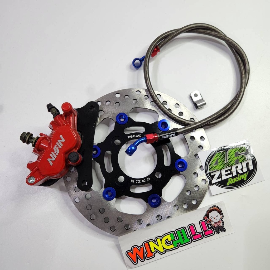 ปั๊มโลโก้นูน สีแดง WAVE110i + จานดำหมุดน้ำเงิน CNC + สายเบรค ZERN หัวกลม ยาว36 WAVE110i / WAVE125ปลาวาฬ