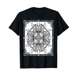 เสื้อเชิ้ตแขนสั้น เสื้อยืดแขนสั้น เสื้อยืดสีขาว - ดวงตาของปีศาจหิว Mandala ซาตานโกธ Pagan เสื้อยืดมนต์ดํา