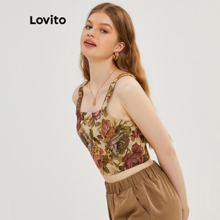 (เซเลปเลือก) Lovito เสื้อครอป ลายดอกไม้ สายรัดกว้าง L20D024 (สีกากี)